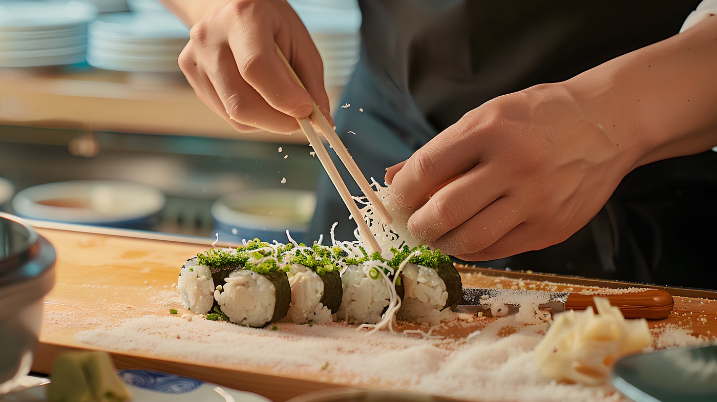 Meister garniert Sushi mit Frühlingszwiebeln