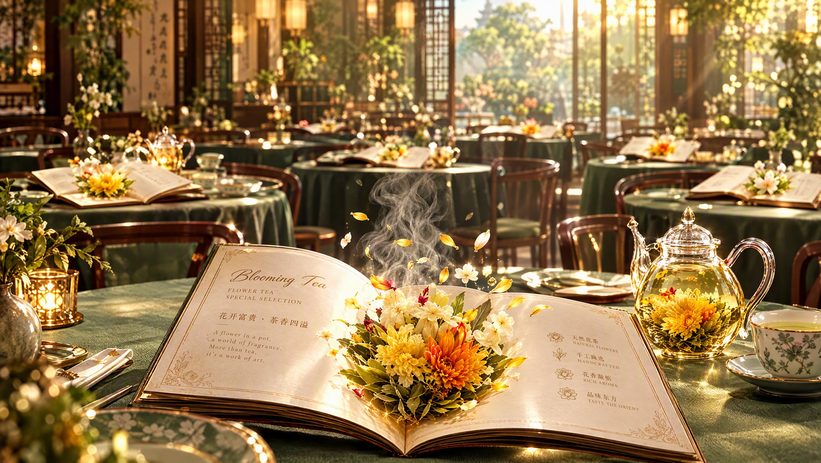 Tee-Blüte erblüht am Restaurant-Tisch