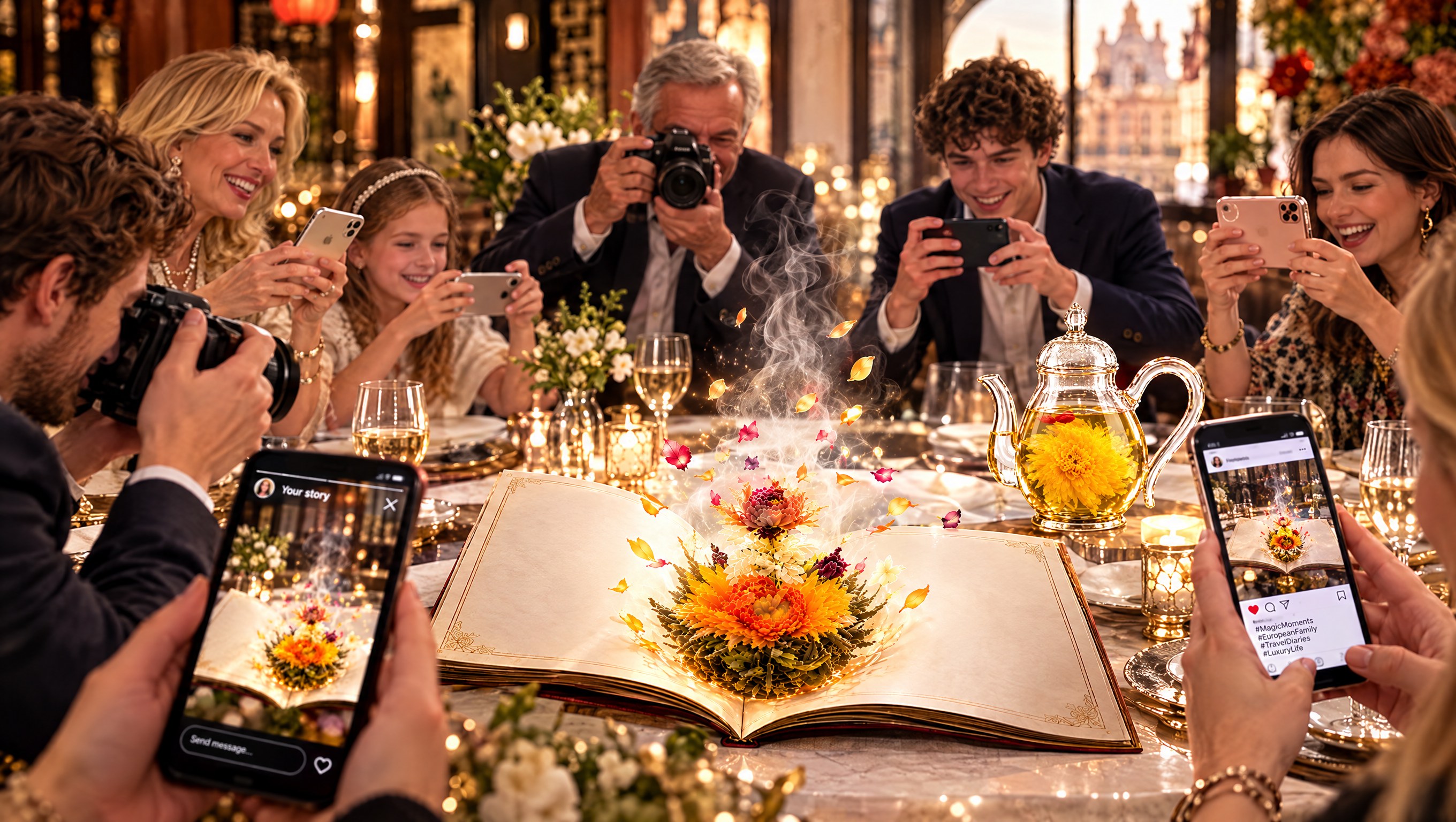 Gäste fotografieren die erblühende Teeblüte am Tisch