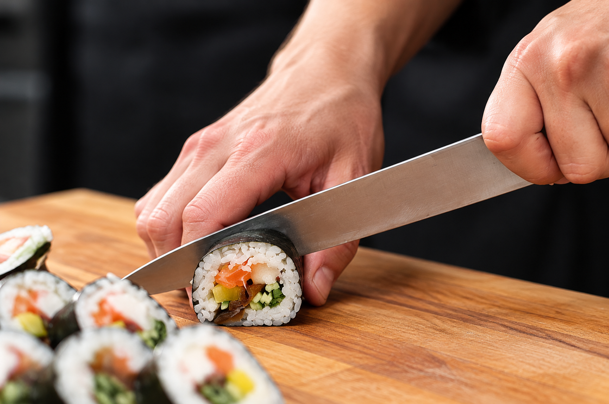 Sushikurs – Der Meister schneidet Maki-Rollen mit dem Sushi-Messer