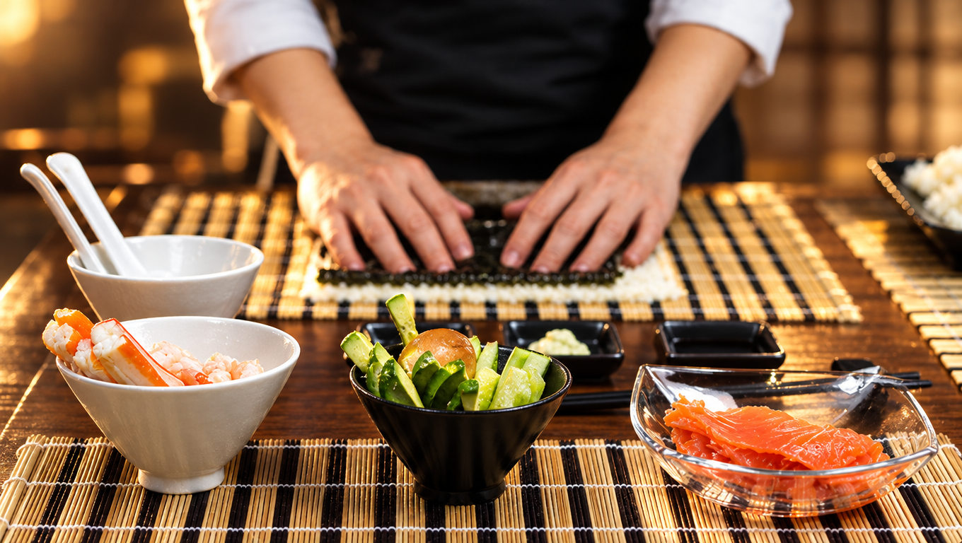 Sushikurs – Der Meister zeigt das Rollen von Maki auf der Bambusmatte