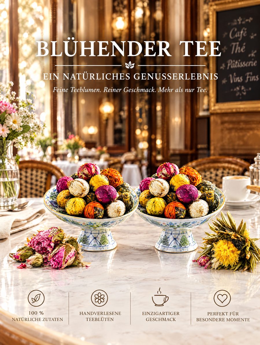 Blühende Teeblüten-Kugeln auf Porzellantellern