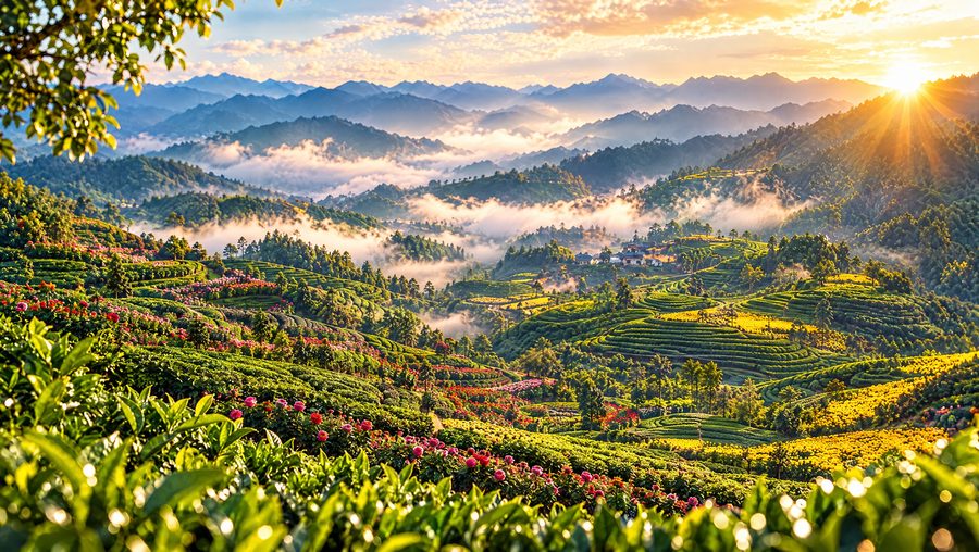 Blumenfelder und Teeterrassen in Yunnan bei Sonnenaufgang